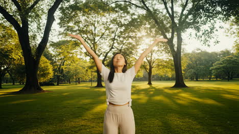 young woman meditating peacefully in a sunny park