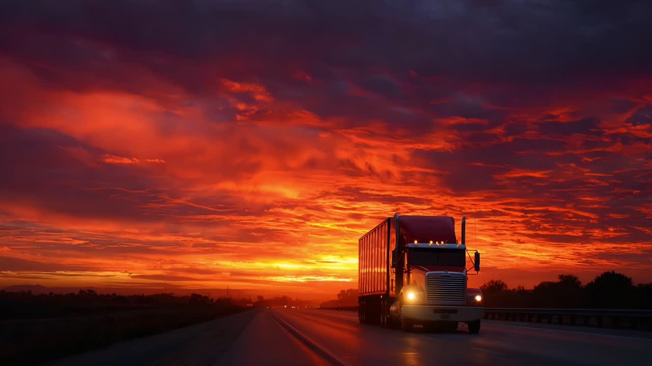 A stunning sunset illuminates the sky as a large truck travels down a highway, its silhouette highlighted against the vibrant orange and purple hues of the evening sky, creating a picturesque scene of transportation and nature's beauty