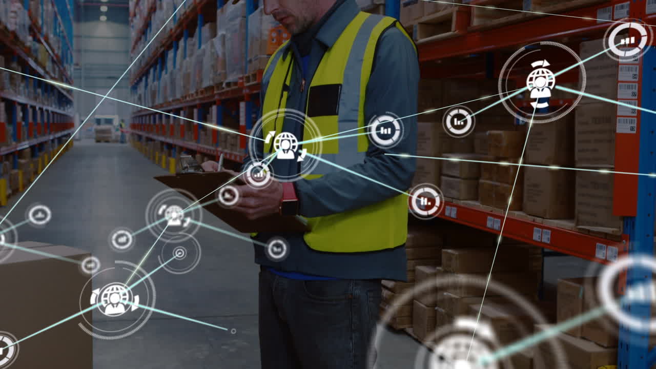 animación de la red de conexiones sobre el hombre caucásico en el almacén