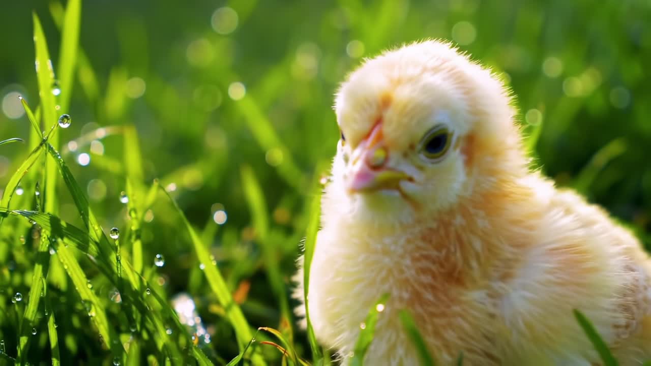 A Close-Up of a Cute Yellow Chick Surrounded by Dewy Green Grass, Capturing the Essence of Youth and Freshness in Nature's Vibrant Playground