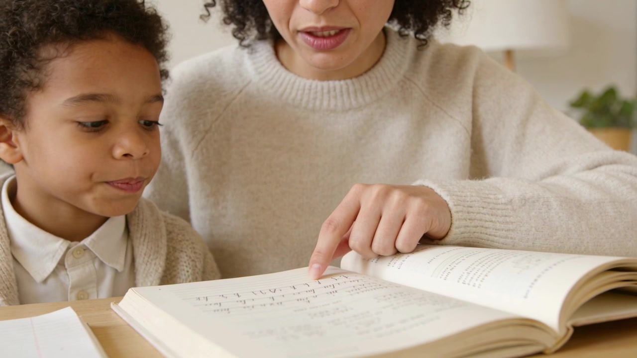 Pointing mother wearing cream sweater guiding son through book at home helping study, with papers