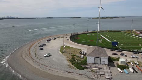 Aerial-drone-dolly-left-footage-of-the-Hull-Gut-,-old-boathouse-,-Hull-High-School