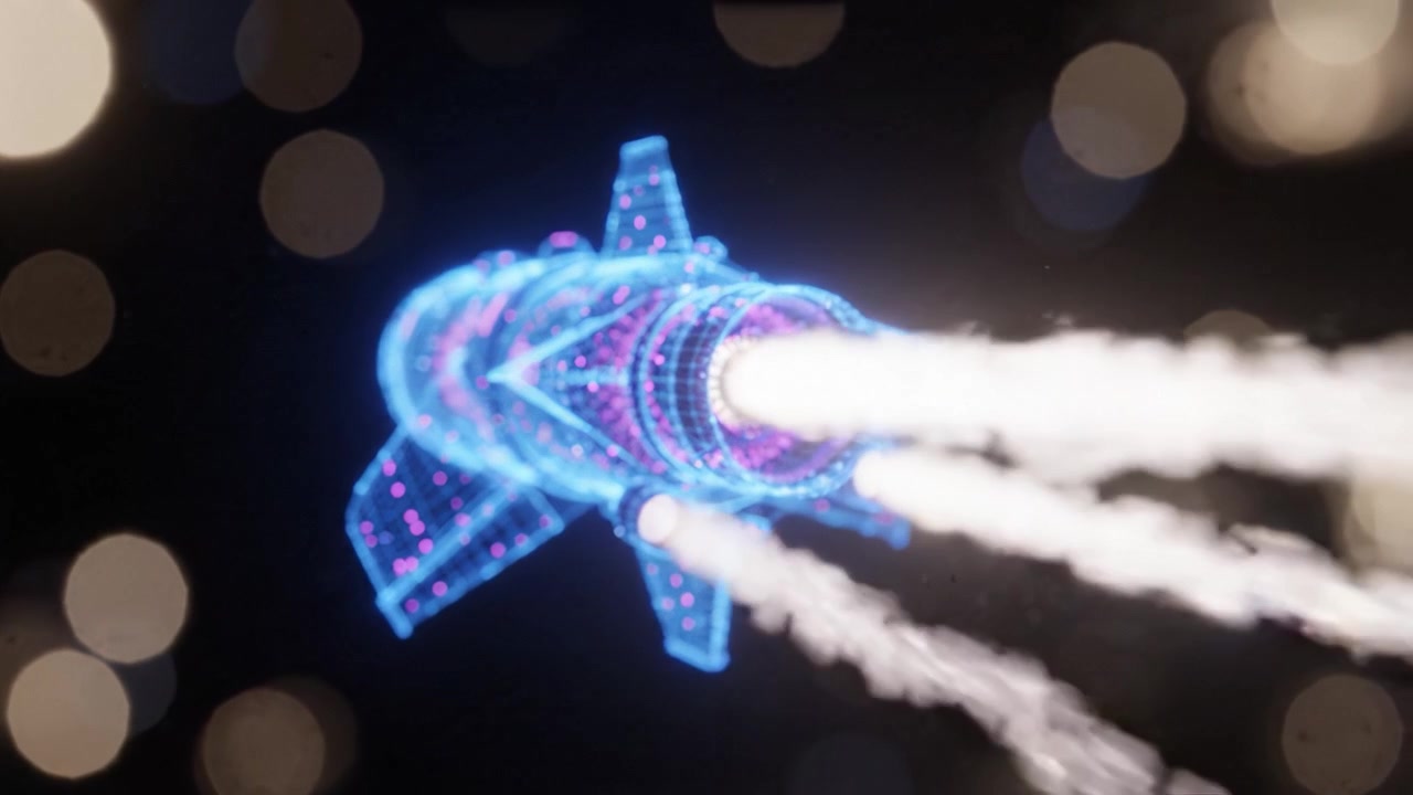 A Dynamic 3D Visualization of a Futuristic Rocket Igniting Its Thrusters in a Cosmic Background Filled with Glowing Particles and High-Tech Ambiance
