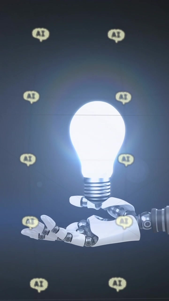 Animazione di elaborazione dati AI su braccio robotico con sfondo lampadina