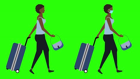 women with trolley walking cycle seamless loop , face mask version, green screen chroma key animation, flat design