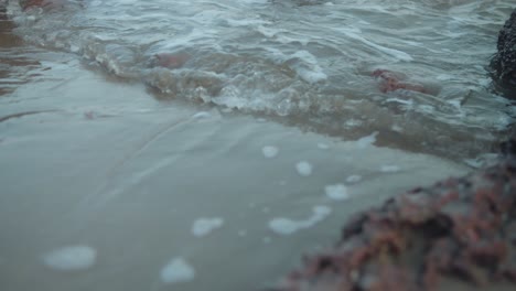 slow motion captures small waves softly rolling over stones on a quiet, natural stony beach
