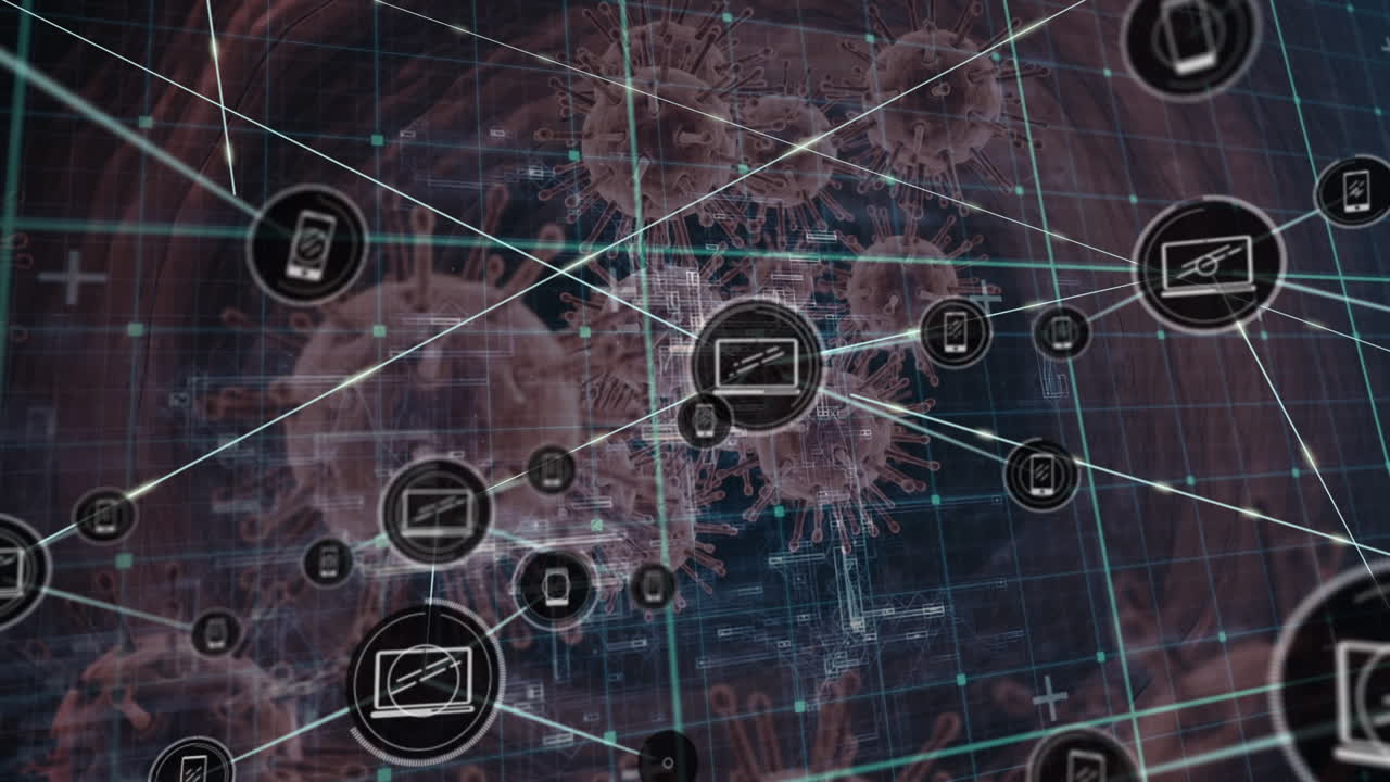 animación de la red de conexiones con iconos de medios sobre las células del virus