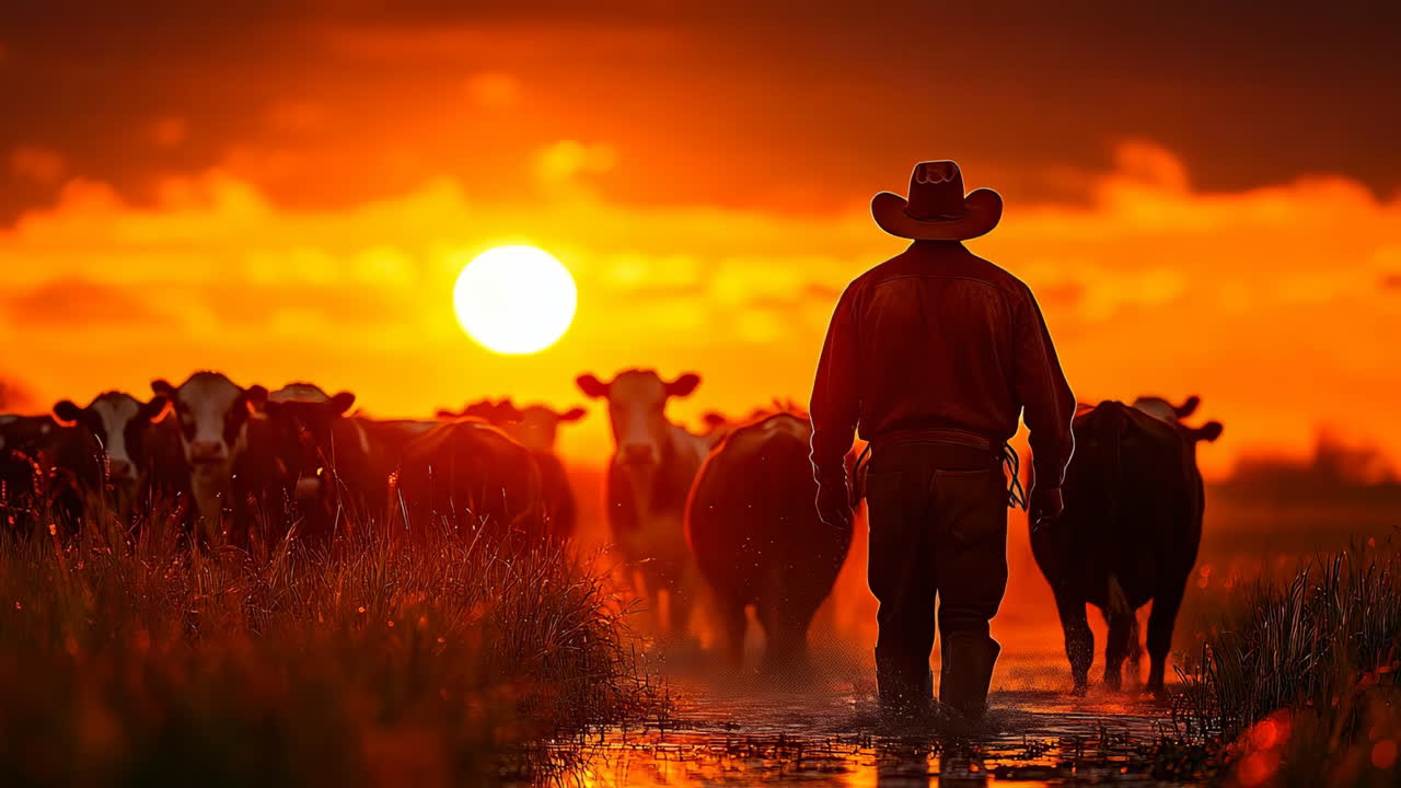 Cowboy leads cattle at sunset in open field with orange sky and shadows
