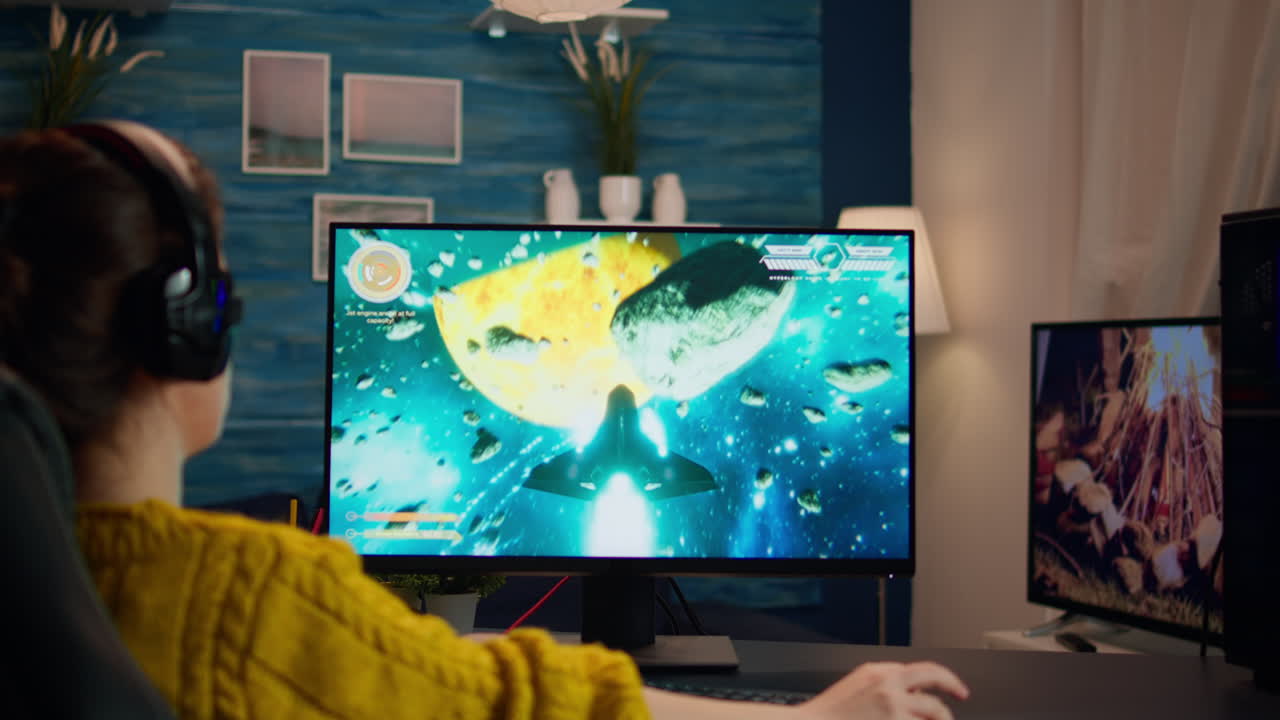 E-sports gamer skilfully plays 3D shooter mock-up video game