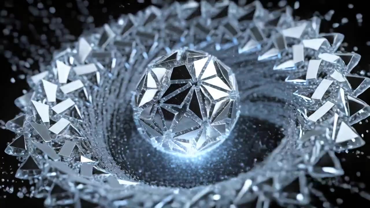 Tightening ring spiraling around faceted crystal sphere in dark void, sweeping particles into halo