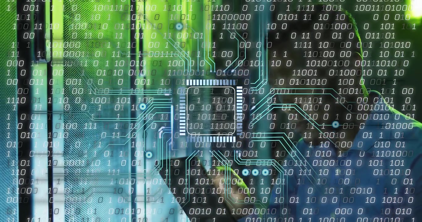 IT technician tapping tablet near server rack and activating AR chip overlays monitoring systems