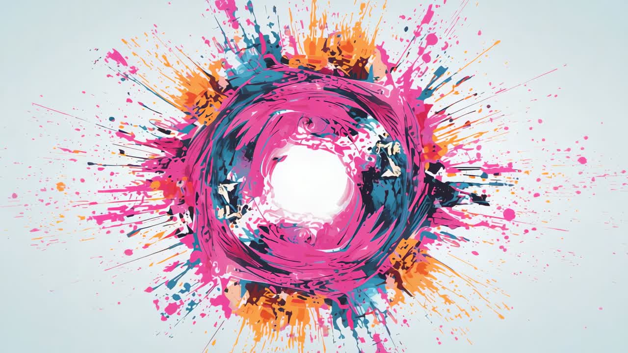 Opening gray canvas sparking circular magenta strokes swirling, pulsing with orange teal splatters