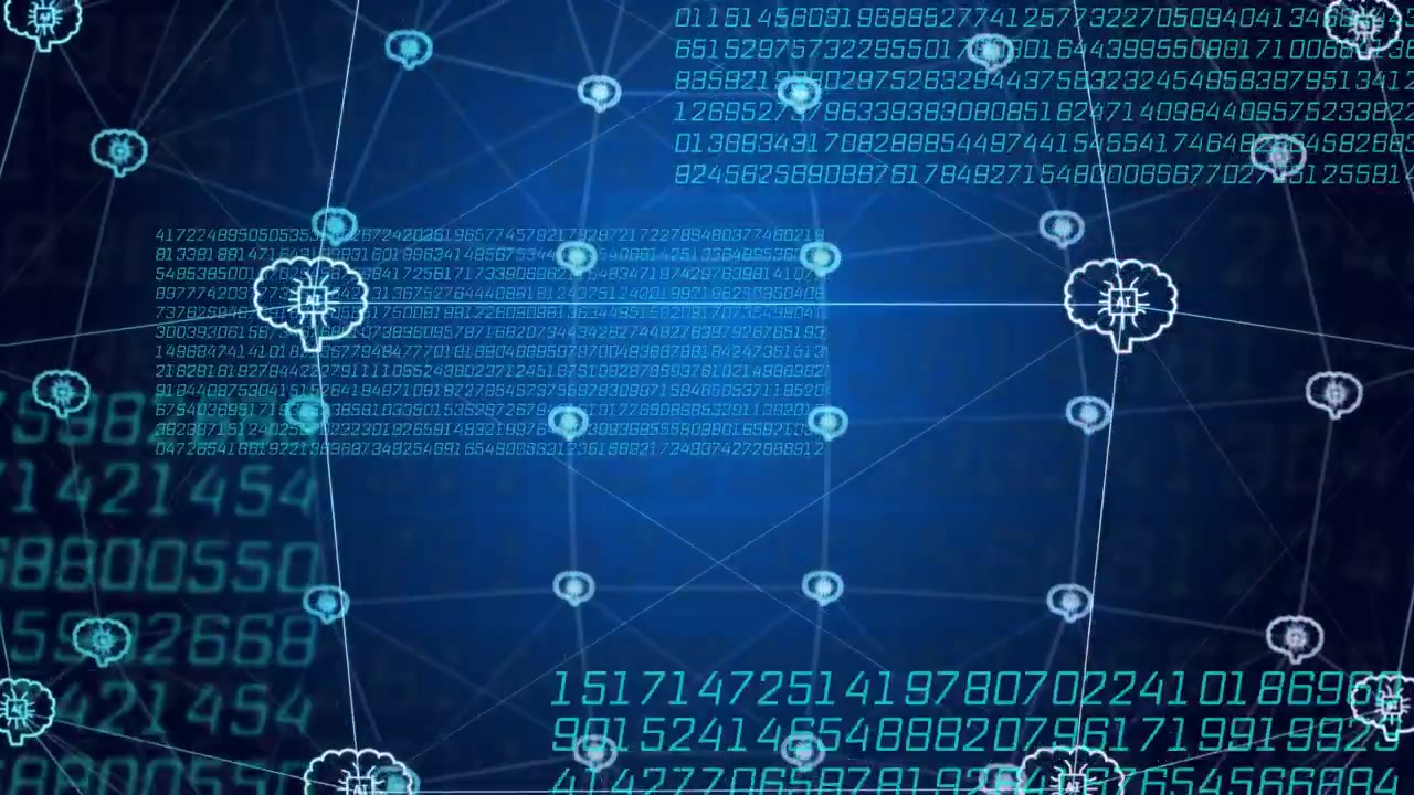 Stylized 3D grid showing node grid while numeric panels sliding, initiating pulsing links for tech