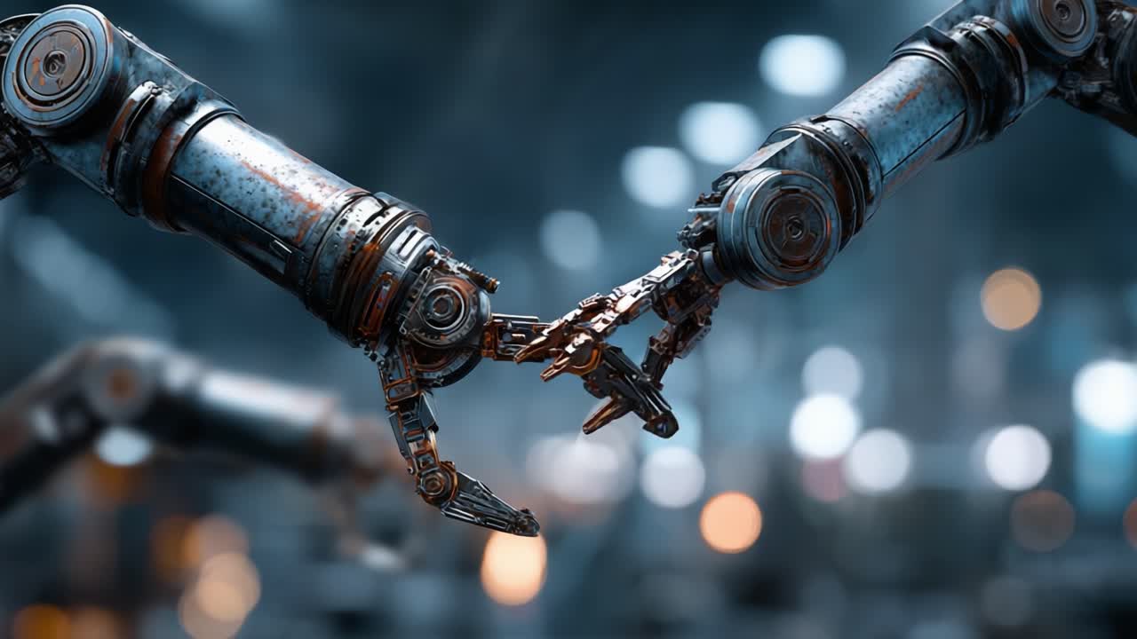 Kiehtova kohtaaminen: Kaksi robottikättä kurkottamassa yhdistyäkseen korkean teknologian ympäristössä, esitellen teknologian ja muotoilun yhdistelmää futuristisessa asetelmassa.