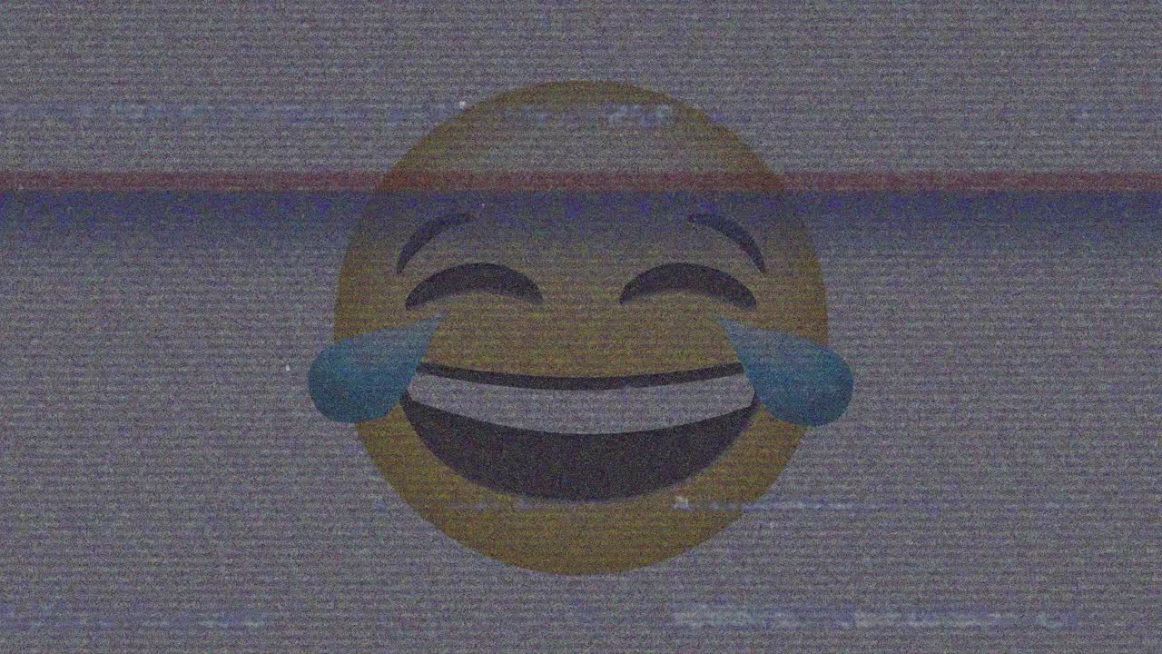 Digital animation of tv static effect over laughing face emoji against grey background
