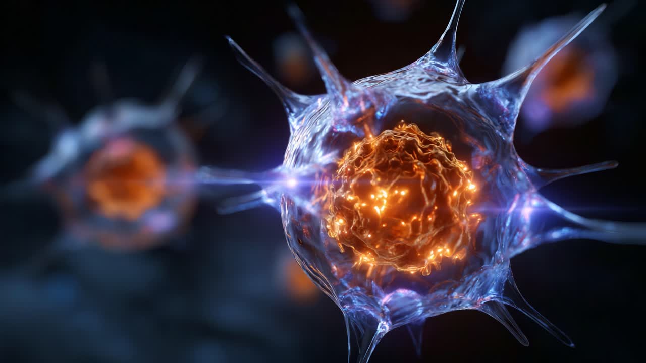 Microscopic View of Neurons Highlighting Cellular Structures and Electrical Activity in a Dynamic Biological Environment Rich in Colors and Intricate Designs