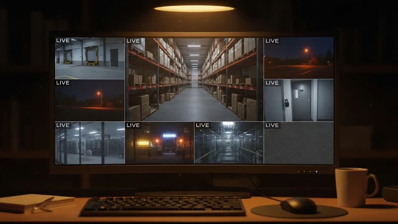 Surveillance Footage Captured in a Warehouse: A Series of Live Camera Feeds Displaying Dimly Lit Storage Areas and Nearby Surroundings at Night