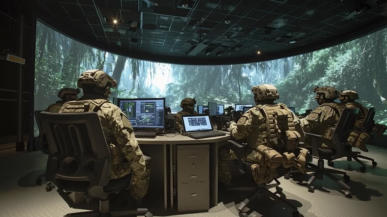 Military personnel in virtual training at a modern facility