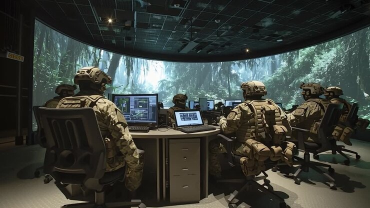 Personale militare in addestramento virtuale presso una struttura moderna