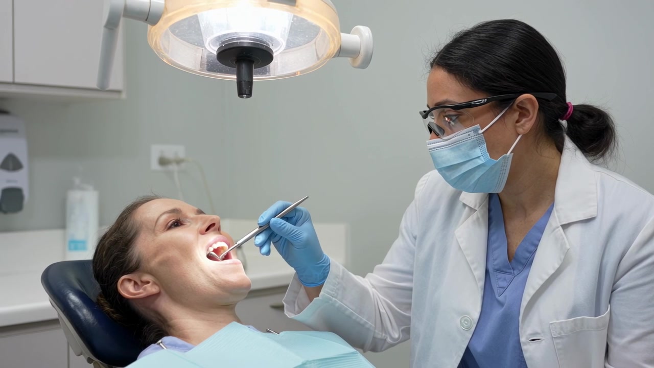 Un dentista in camice da laboratorio esamina e ispeziona un paziente che apre la bocca in clinica, usando uno specchietto e una sonda.