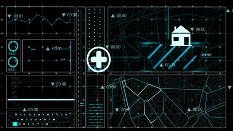 animación de iconos digitales sobre la interfaz con el procesamiento de datos contra un fondo negro