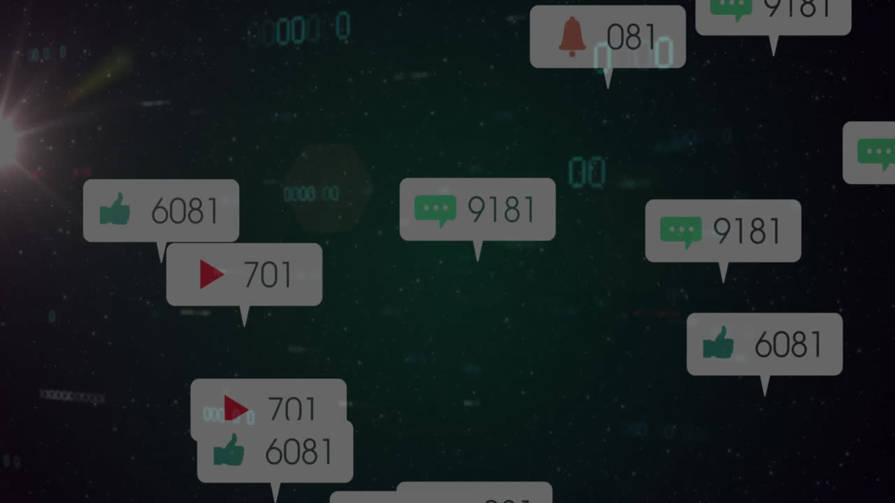 Floating over digital binary code, notification icons and numbers in animation style