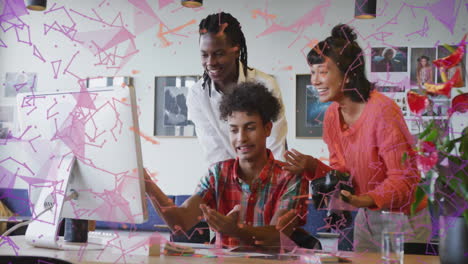 confetti animation over three people celebrating in office