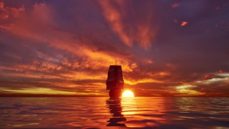 large medieval ship on the sea on a sunset. the old medieval ship gracefully sails in the open sea