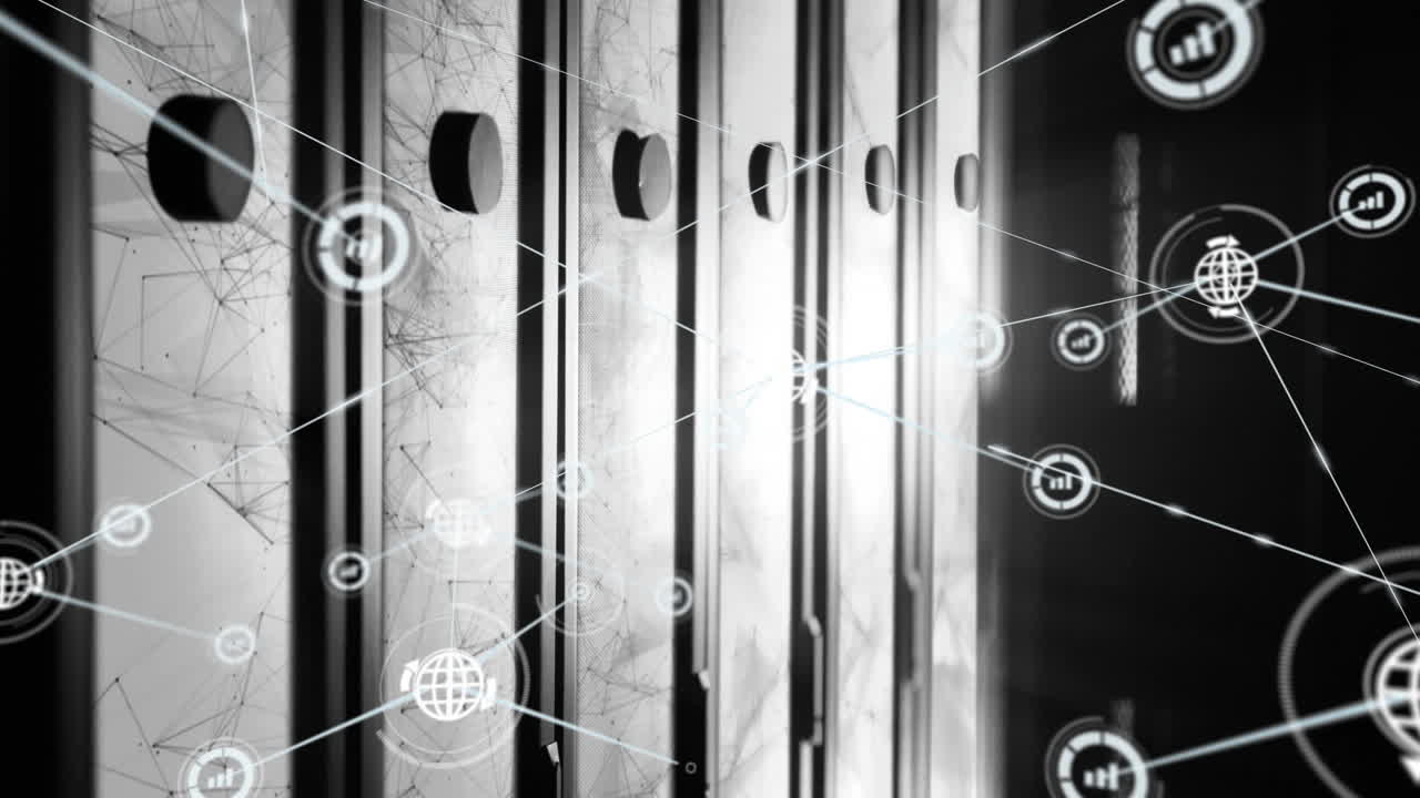 animación de la red de conexiones con iconos sobre la sala del servidor