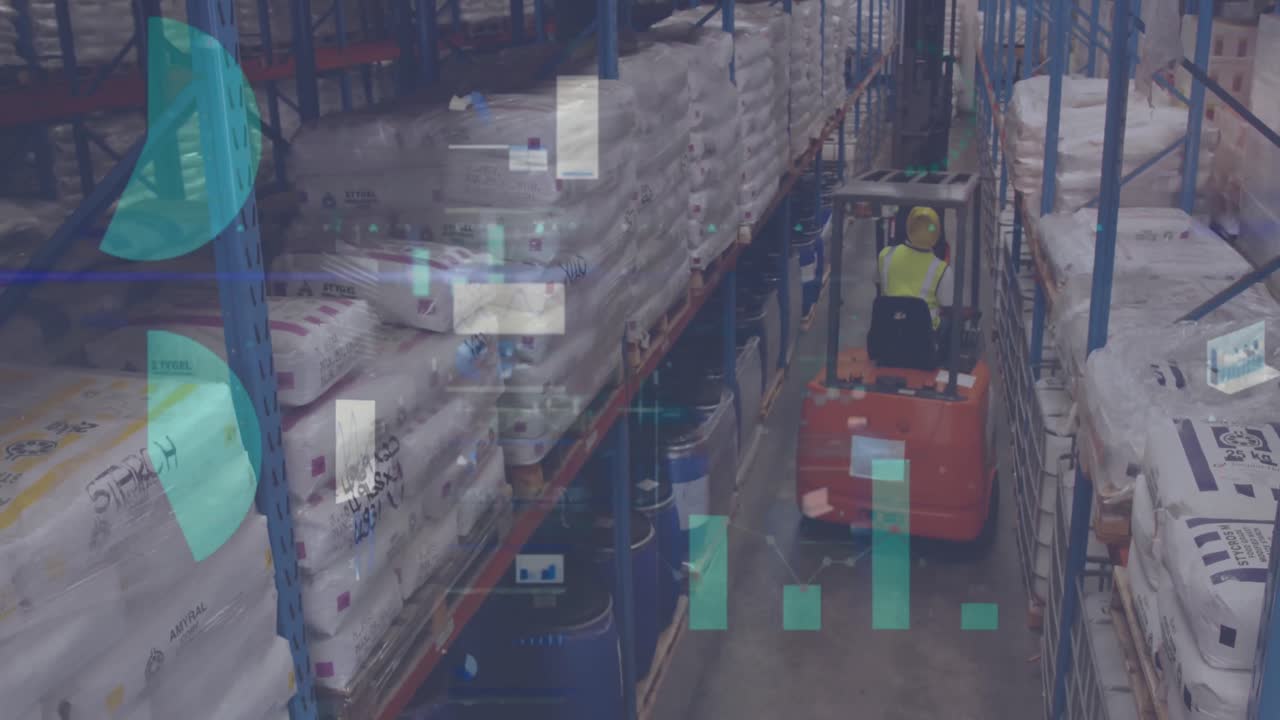 animación del procesamiento de datos financieros sobre el hombre que trabaja en el almacén