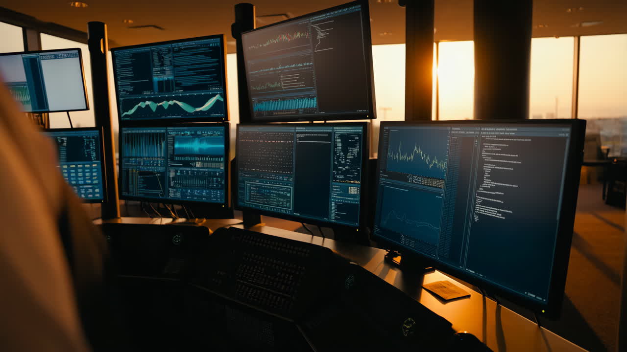 Multiple computer screens displaying data and charts in a modern control room at sunset