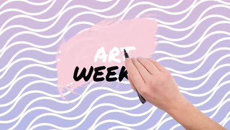 animation of hand with pen writing art week over violet background with waves