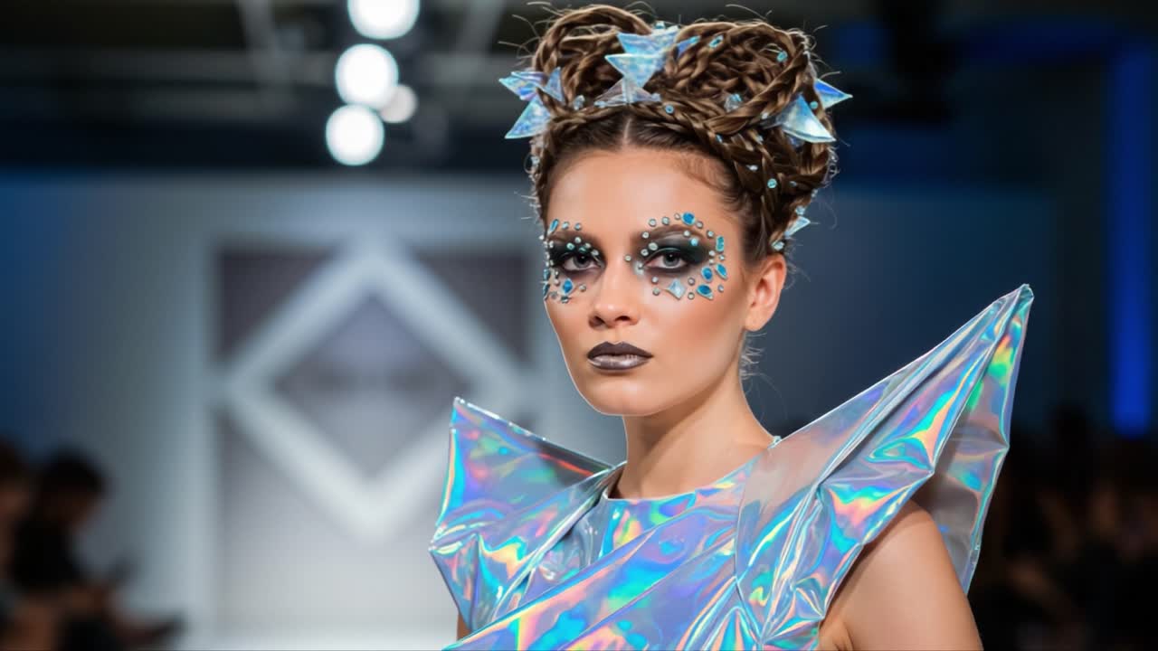 A Stunning Model Showcasing Futuristic Fashion on the Catwalk with Iridescent Materials and Sparkling Makeup in an Artistic Runway Show