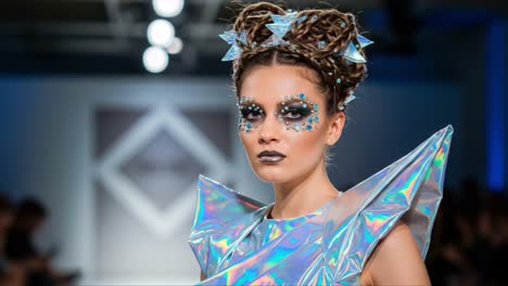 a stunning model showcasing futuristic fashion on the catwalk with iridescent materials and sparkling makeup in an artistic runway show