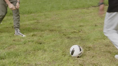 a young black man and white man playing soccer in a park and laughing