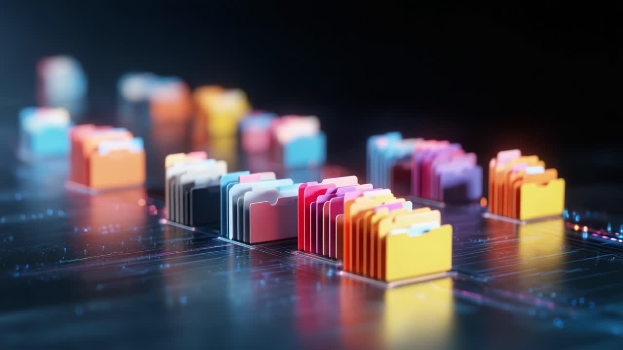 Digital Organization: A Visual Representation of Colorful File Folders Arranged on a Circuit-Like Background, Symbolizing Data Management and Technology Innovation