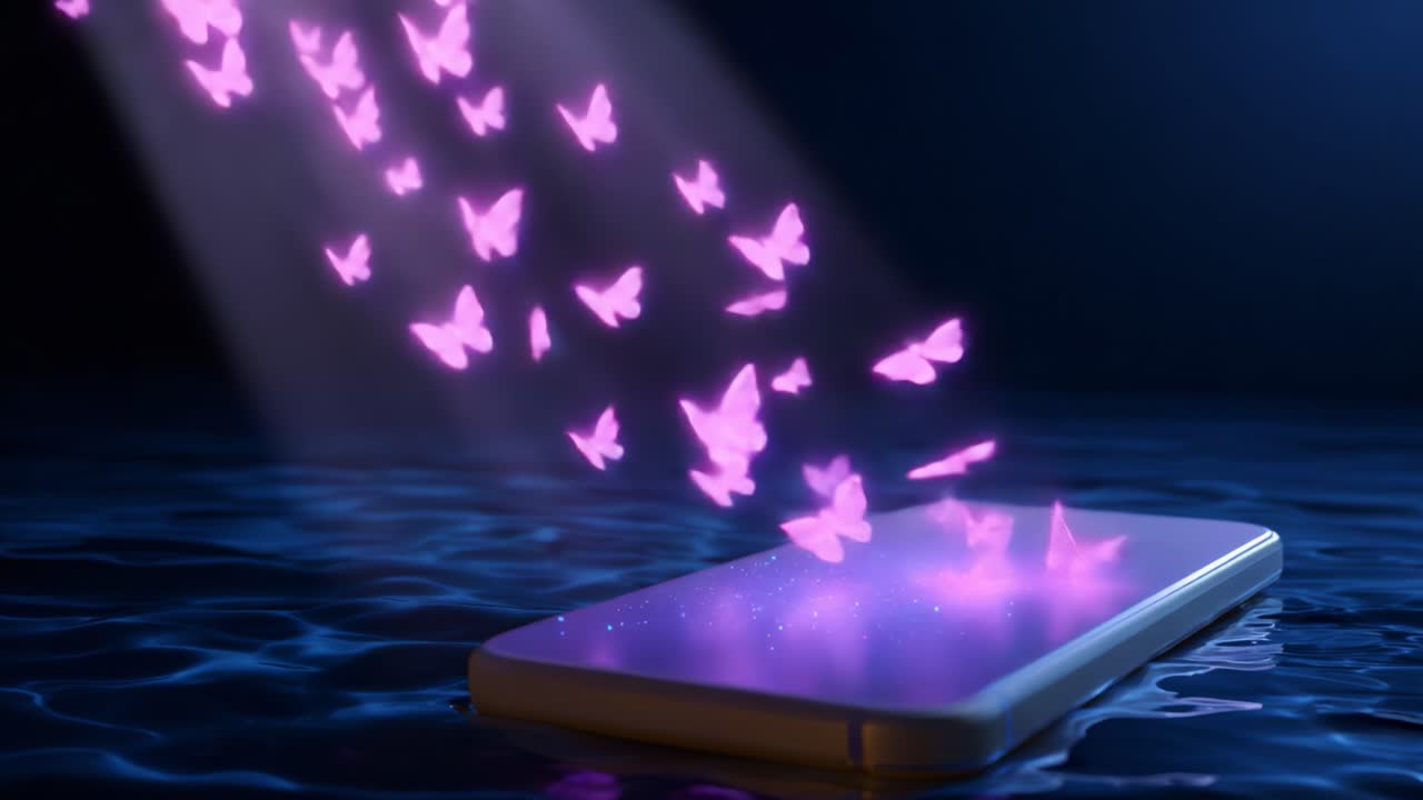 A mesmerizing visual of digital butterflies emanating from a smartphone, casting a vibrant glow over water, demonstrating the beauty of technology and nature merging in a dreamlike atmosphere