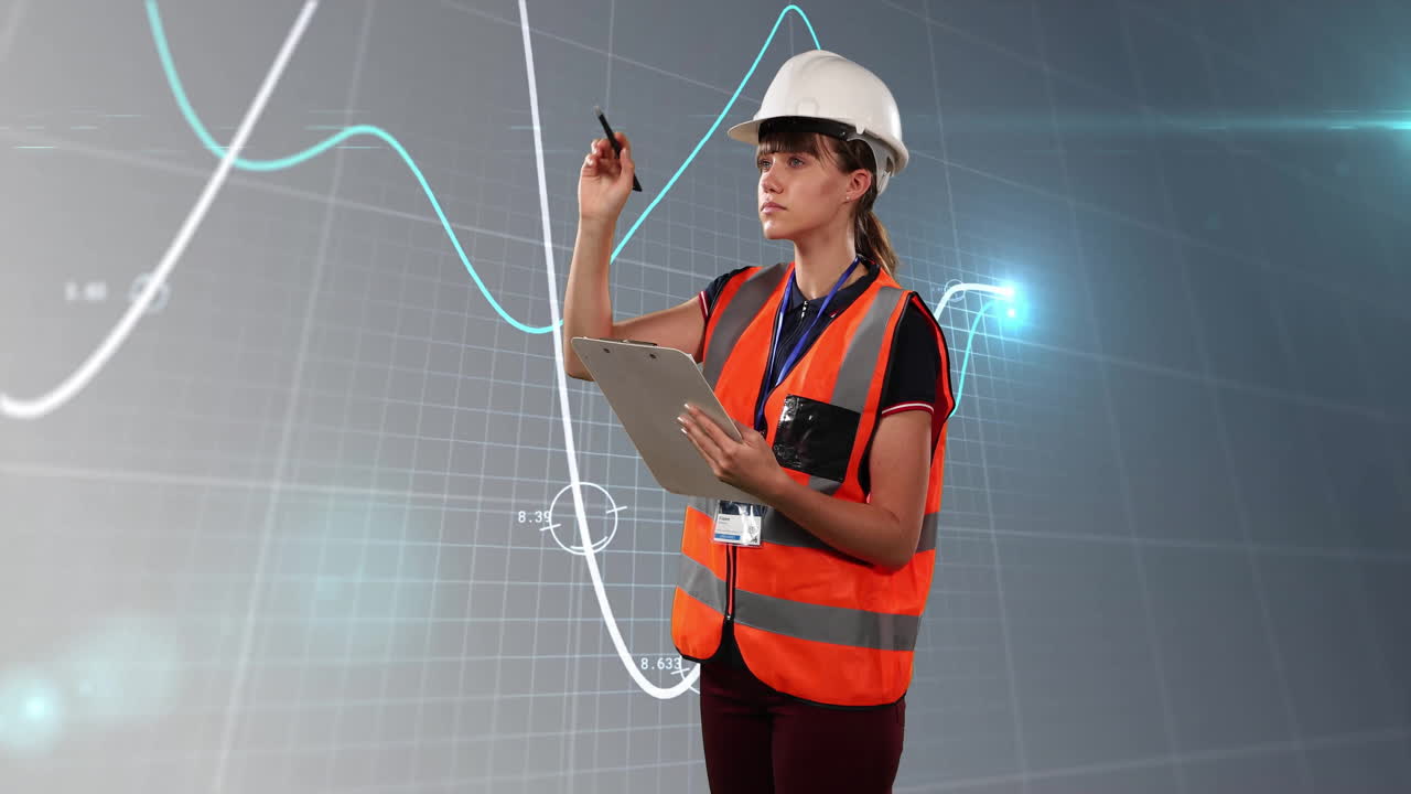 animación de procesamiento de datos financieros sobre arquitecta caucásica con clipboard