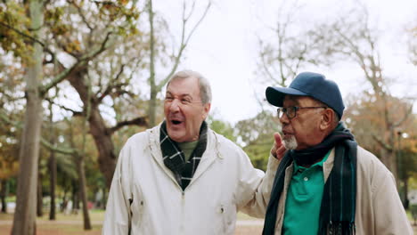 nature, talking and senior men walking