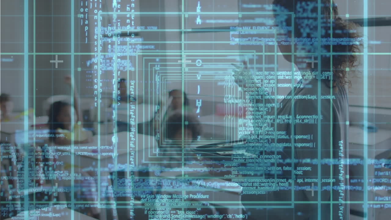 animación del procesamiento de datos sobre maestras caucásicas con escolares diversos