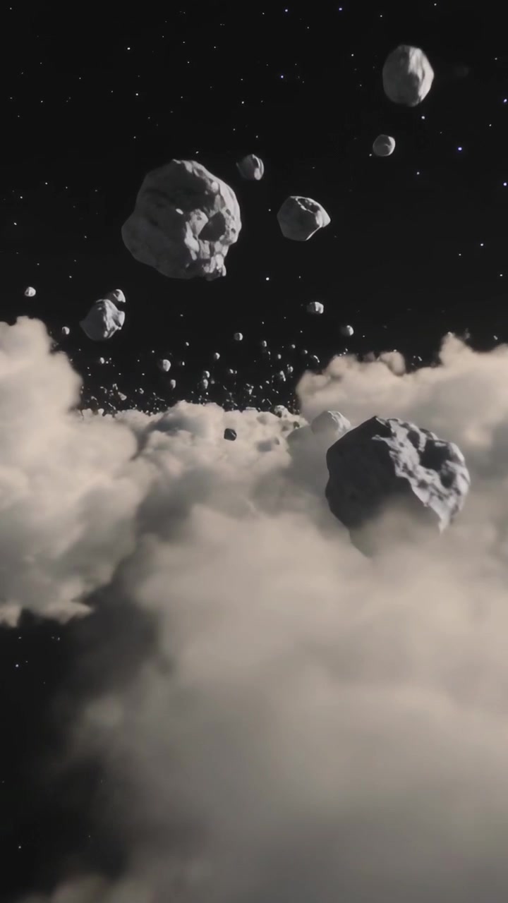 Video verticale: Telecamera che avanza, rocce craterizzate che rotolano sopra un banco di nuvole per la profondità, polvere di stelle.