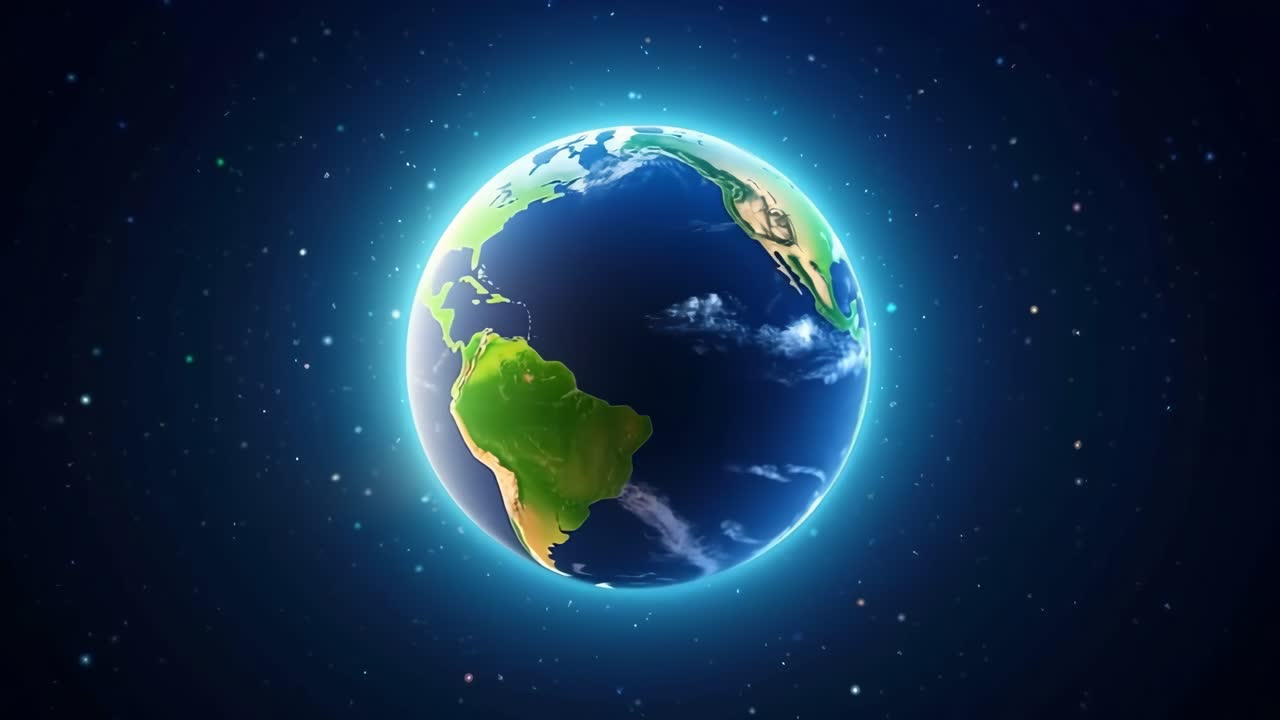 Videokonsepti Maapallosta avaruudesta, esitellen hehkuvan planeetan tähtitaivasta vasten