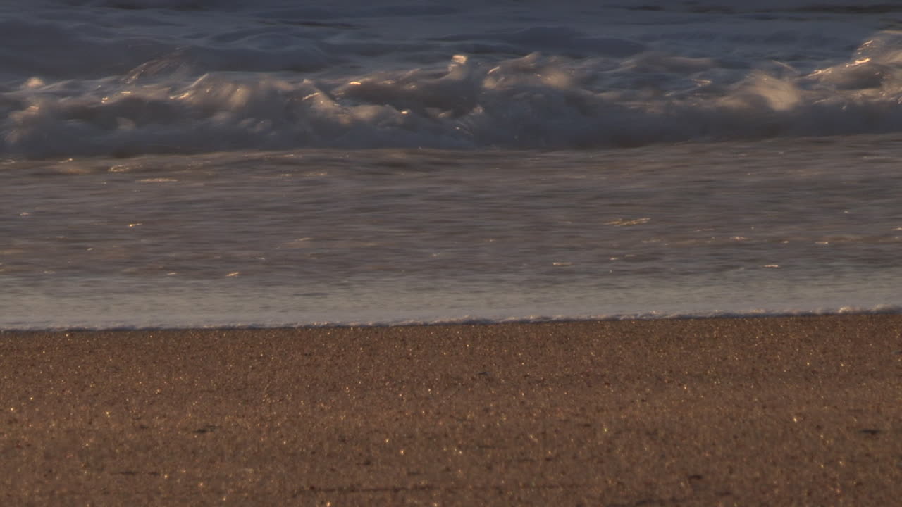 황금빛 모래 위를 부드럽게 미끄러지는 바다의 거품, 석양의 이미지