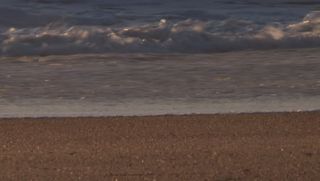 Espuma-De-Las-Olas-Del-Mar-Que-Se-Deslizan-Suavemente-Sobre-La-Arena-Dorada,-Imagen-Al-Atardecer