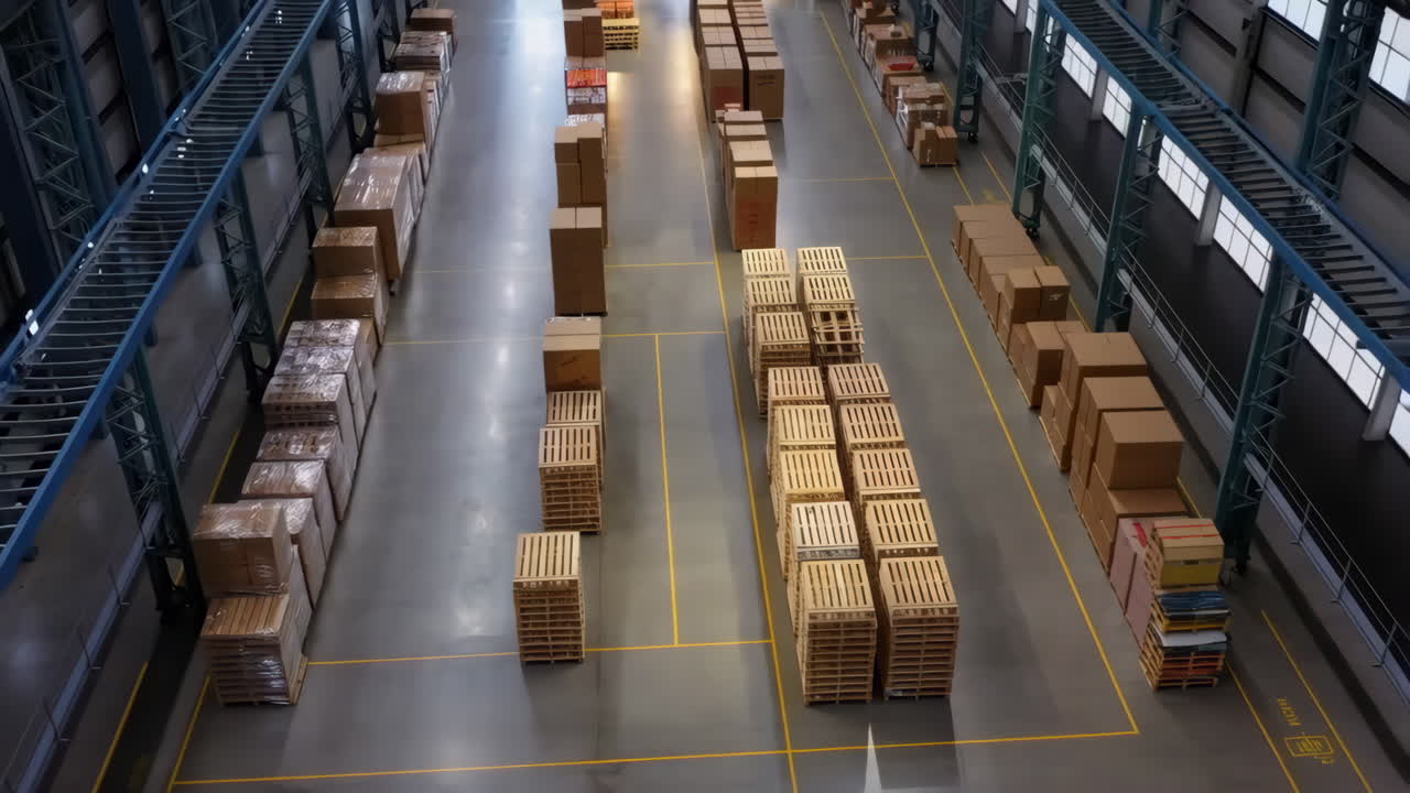 High-angle view of a large empty logistics warehouse with organized boxes and pallets