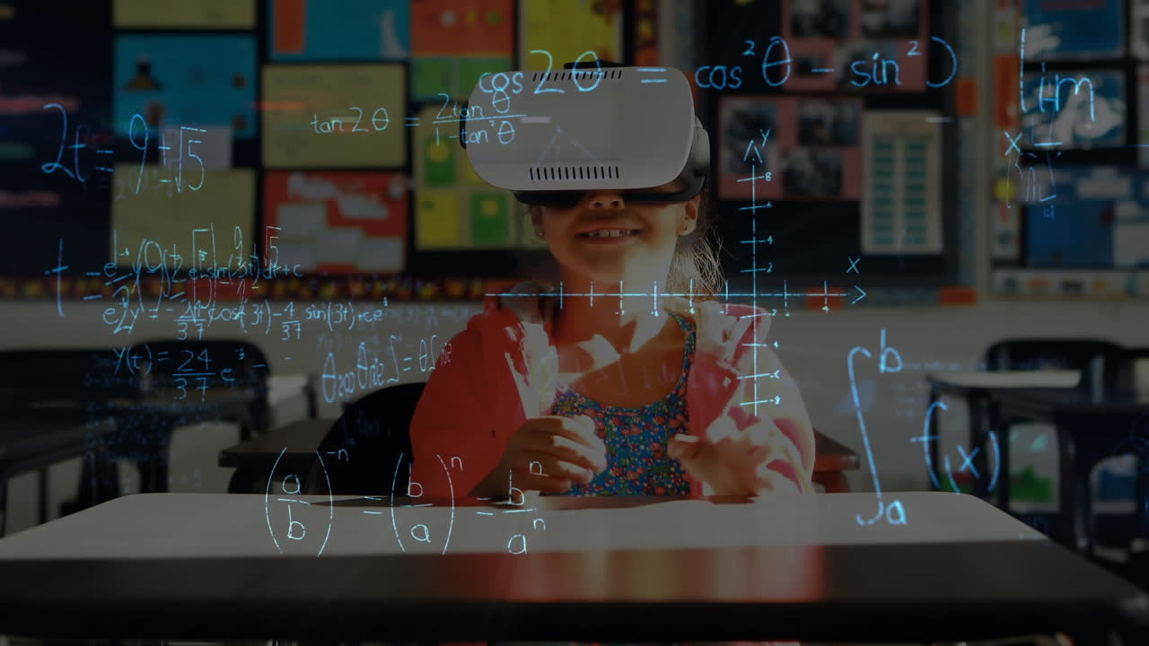 Animation of mathematical equation schoolgirl using vr headset overs