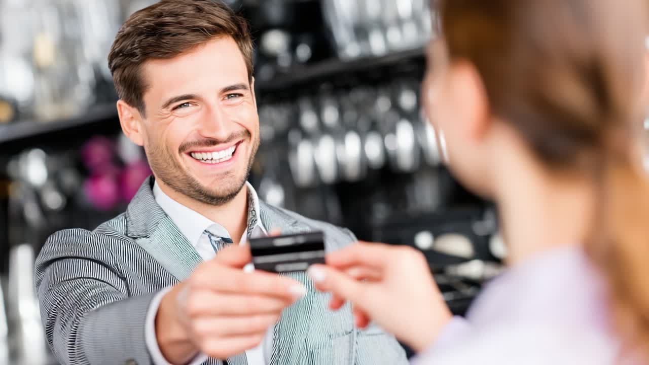 A Man with a Radiant Smile Engages in a Friendly Exchange, Holding a Card in His Hand, as He Interacts Warmly with a Woman in a Stylish Setting