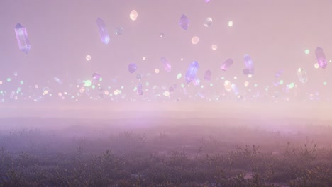 mesmerizing floating crystals in a dreamlike landscape: a journey through sparkling illumination and ethereal beauty