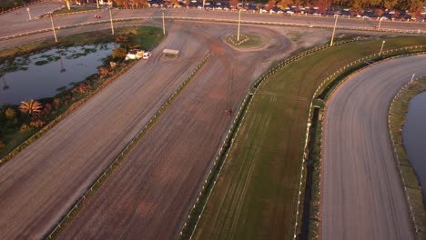 Horse-and-jockey-after-race-at-Palermo-hippodrome-at-sunset-during-golden-hour,-Buenos-Aires-in-Argentina