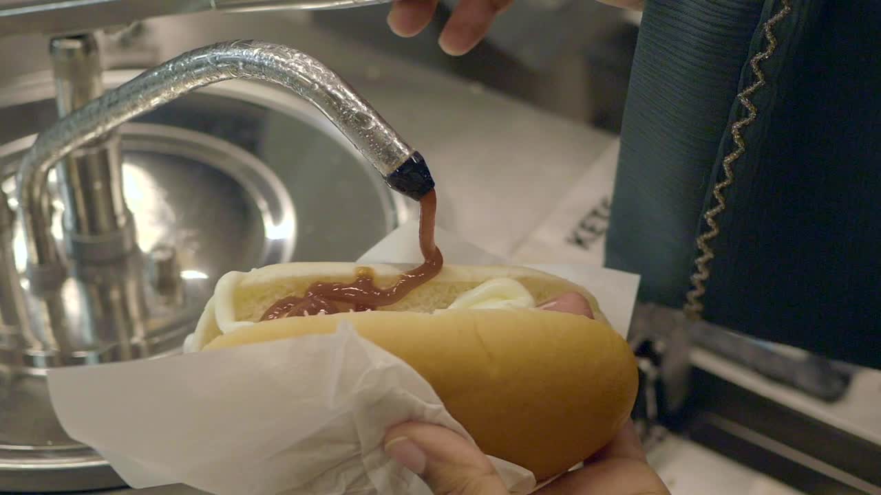 핫도그에 케을 넣는 사람